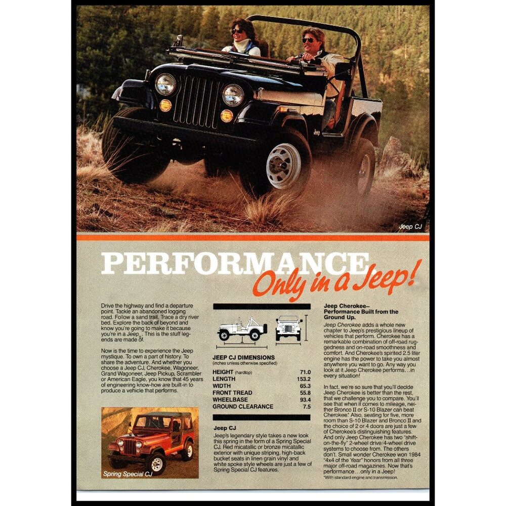 1985 Jeep CJ Vintage Print Ad Top Off Windshield Down Off Road 4x4 Wall Art